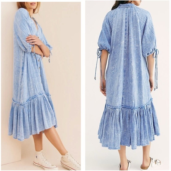 Free People Dresses & Skirts - Free People Maya V-Neck Oversized Button Down Midi Shirt Dress in Blue